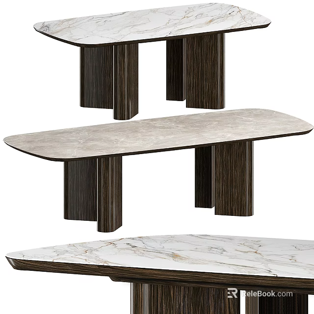 Modern Dining Table Design With Smooth Marble Top And Wooden Legs 3d model