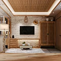 Hotel Guest Room with Bamboo Ceiling Hanging Lamps White Curtain Windows and Wooden Floor