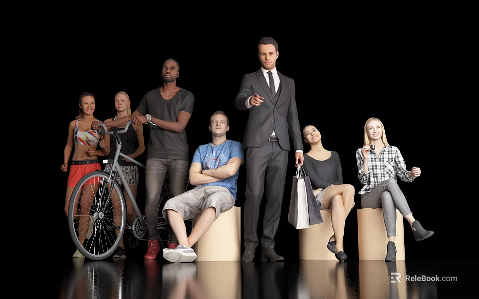 Diverse Group of People in Various Poses with Man in Suit Shopping Bags and Bicycle 3d model 