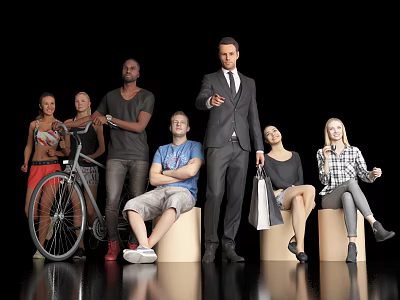 Diverse Group of People in Various Poses with Man in Suit Shopping Bags and Bicycle 3d model