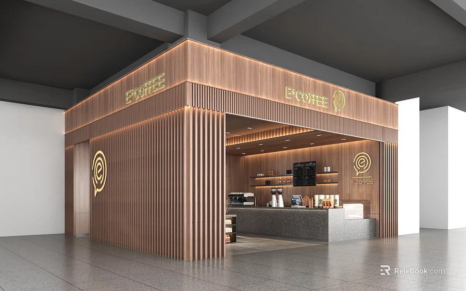 Modern Coffee Shop Kiosk With Wooden Panel Design And Counter 3d model 