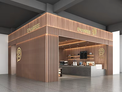 Modern Coffee Shop Kiosk With Wooden Panel Design And Counter 3d model
