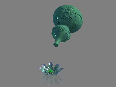 Green Gourd Shaped Decorative Ornament Set With Lotus Base And Floral Carvings 3d model