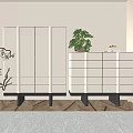 Modern Entryway With White Sleek Console And Side Cabinets Beige Wall Potted Plant And Rug