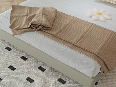 Brown Checkered Bed Runner On Light Colored Bed With White Flower And Bedroom Decor 3d model
