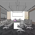 Modern Conference Room Interior With Long Table Office Chairs Projection Screen And Large Windows