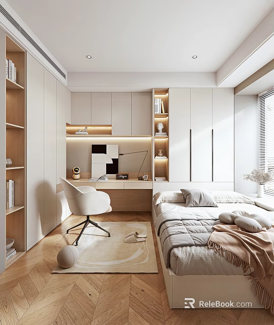 Modern Tatami Bedroom with Desk Chair Bookshelves Storage Cabinets and Natural Light from Window 3d model 