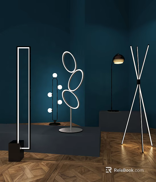 Modern Floor Lamps With Geometric Circular Rings Linear And Tripod Designs On Dark Blue Background 3d model 