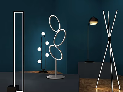 Modern Floor Lamps With Geometric Circular Rings Linear And Tripod Designs On Dark Blue Background 3d model