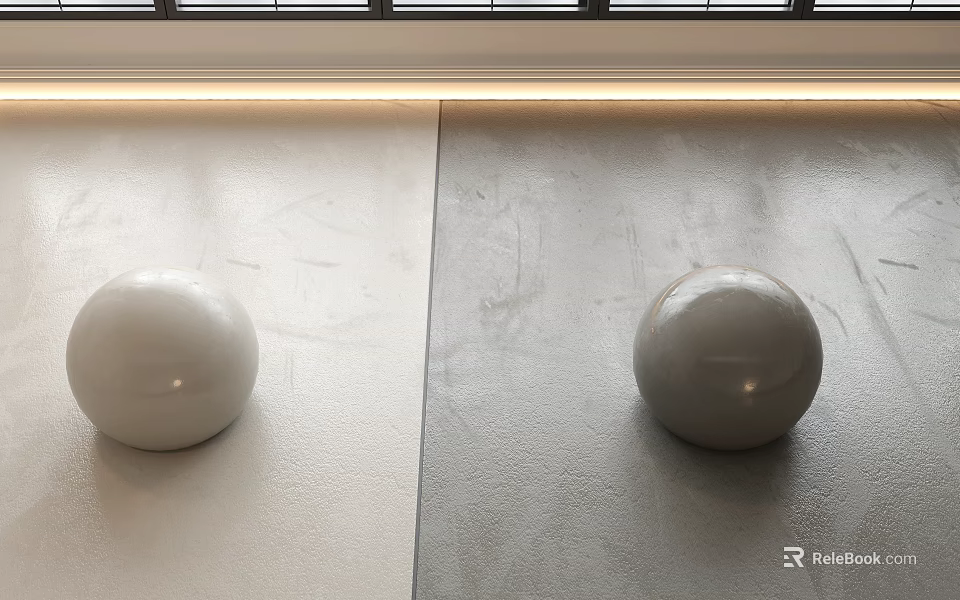 Two Tone Floor With White Gray Spheres And Strip Lighting Design 3d model 