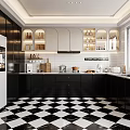 Modern Kitchen Interior Design With Black Cabinets White Refrigerator And Checkered Floor 3d model