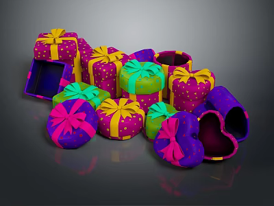Colorful Gift Boxes With Yellow Pink Bows In Square Heart Shapes For Daily Living Supplies 3d model