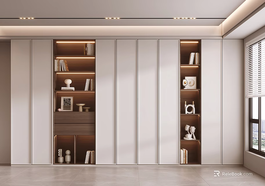Modern Built in Bookcase Design With White And Wooden Shelves Books And Decorative Items 3d model 