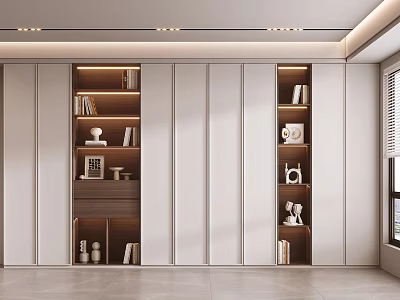 Modern Built in Bookcase Design With White And Wooden Shelves Books And Decorative Items 3d model