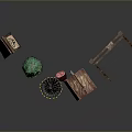 Decorative Scene Components With Wooden Stands Green Spherical Decor And Textured Containers