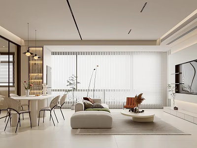 Modern Living Dining Room Interior With Sofa Dining Table TV Wall And Window Blinds 3d model