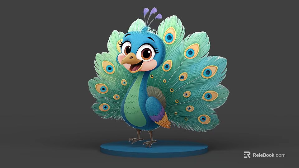 Cute Cartoon Peacock With Spread Tail Feathers Having Colorful Eye Patterns And Blue Body 3d model 