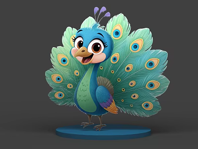 Cute Cartoon Peacock With Spread Tail Feathers Having Colorful Eye Patterns And Blue Body 3d model