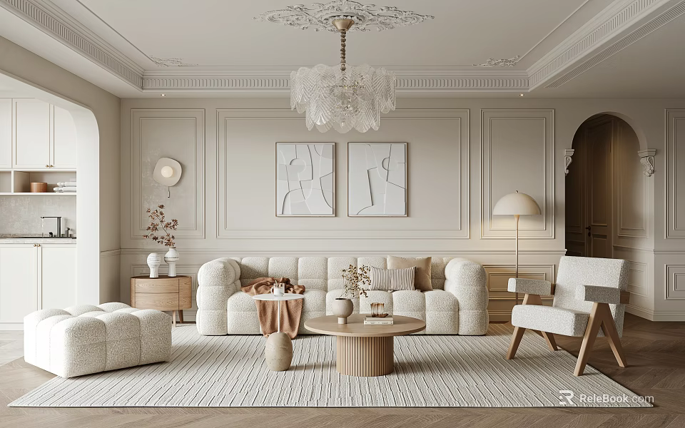 Elegant Living Room Interior With Plush Sofa Wooden Coffee Table Wall Art And Ornate Chandelier 3d model 