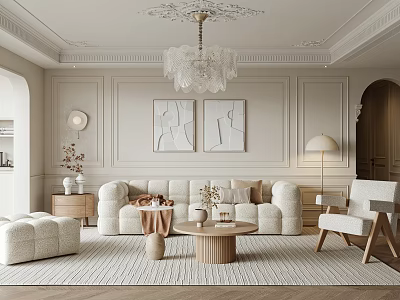 Elegant Living Room Interior With Plush Sofa Wooden Coffee Table Wall Art And Ornate Chandelier 3d model