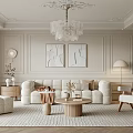 Elegant Living Room Interior With Plush Sofa Wooden Coffee Table Wall Art And Ornate Chandelier