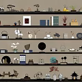 Elegant Decorative Ornaments Collection On Wall Shelves Featuring Vases Sculptures Photo Frames And Small Plants