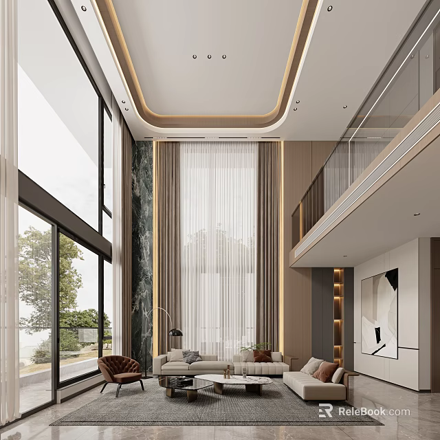 Modern Loft Living Room With High Ceiling And Large Windows 3d model 