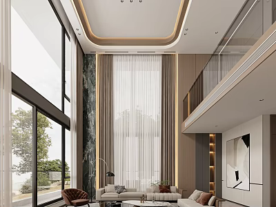 Modern Loft Living Room With High Ceiling And Large Windows 3d model