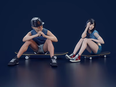 Two People Sitting On Skateboards In Studio 3d model