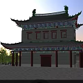 Ancient City Gate Tower With Traditional Green Tiled Roof Red Pillars And Arched Gateway