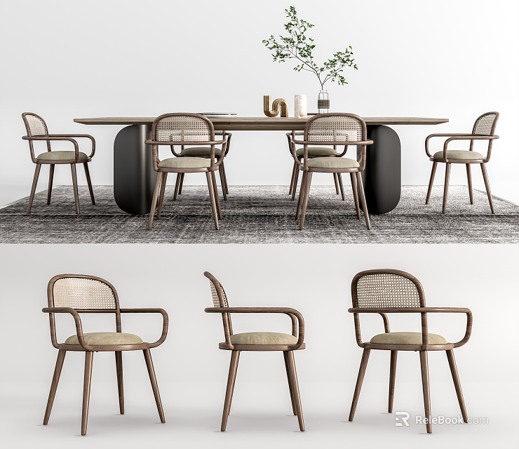 Modern Wooden Dining Table Set With Rattan Back Chairs And Potted Plant On Rug 3d model 