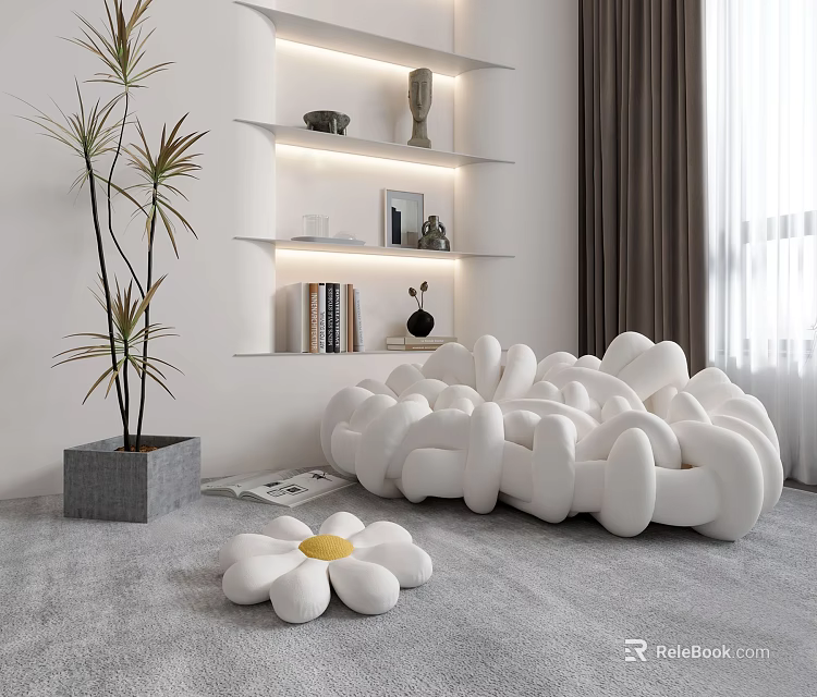 White Flower Shaped Lazy Sofa with Small Cushion and Plant for Modern Indoor Decor 3d model 