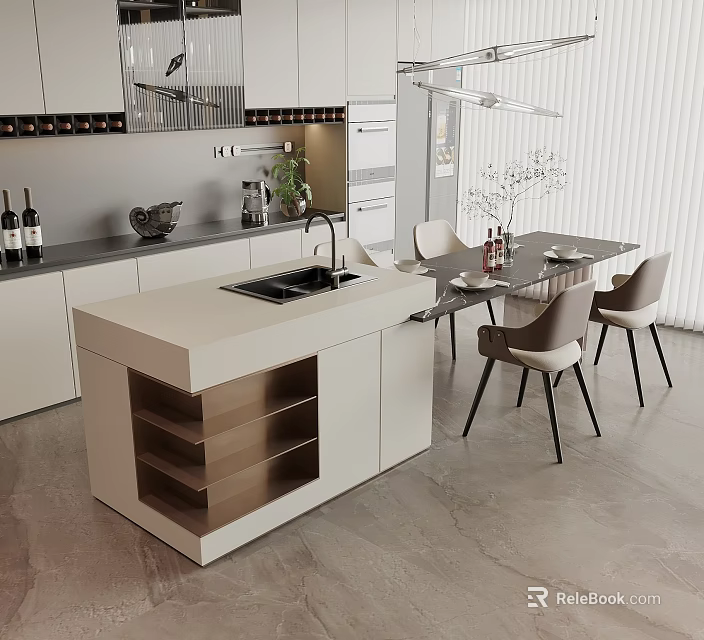 Modern Open Kitchen Interior Featuring Stylish Dining Table With Comfortable Chairs And Pendant Lights 3d model
