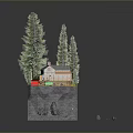 Miniature Scene With Small House Pine Trees Rock Base And Green Grass