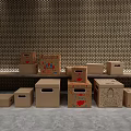 Decorative Cardboard Boxes With Diverse Patterns On Woven Wall And Gray Floor 3d model