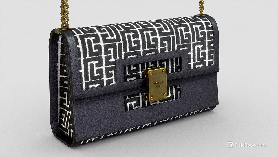 Stylish Blue And White Geometric Pattern Handbag With Gold Metal Clasp And Chain Strap 3d model 