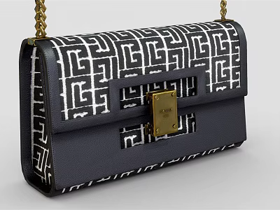 Stylish Blue And White Geometric Pattern Handbag With Gold Metal Clasp And Chain Strap 3d model