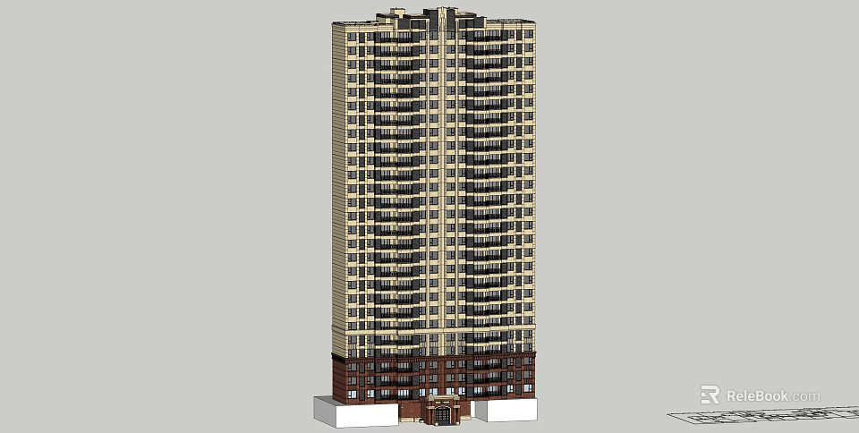 Modern High Rise Residential Building With Facade Windows And Base Structure Design 3d model