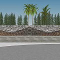 Garden Feature Wall With Wooden Geometric Structure Stone Wall Palm And Pine Trees