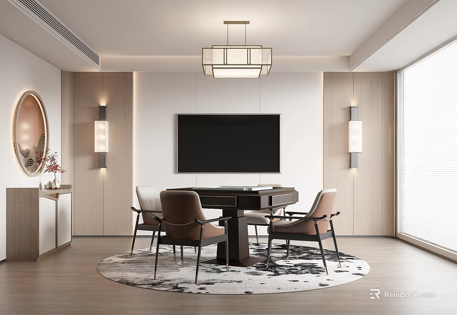 Hotel Mahjong Room Modern Interior With Ceiling Lamp TV And Comfortable Chairs On Rug 3d model 