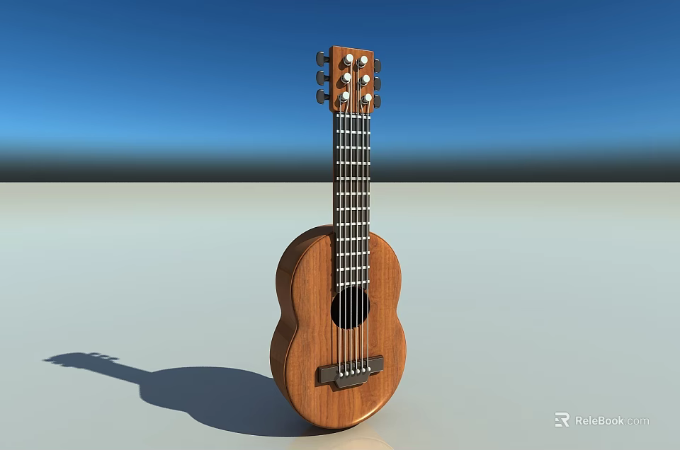 Acoustic Wooden Guitar Musical Instrument With Brown Body Strings And Blue Sky Background 3d model 