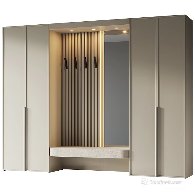 Modern Light Colored Console And Side Cabinet With Mirror Hooks And Illuminated Design 3d model