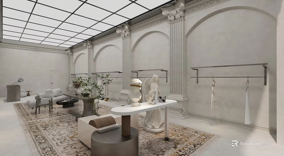Elegant Classical Clothing Store Interior With Arches Columns Glass Ceiling And Racks 3d model 