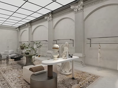 Elegant Classical Clothing Store Interior With Arches Columns Glass Ceiling And Racks 3d model