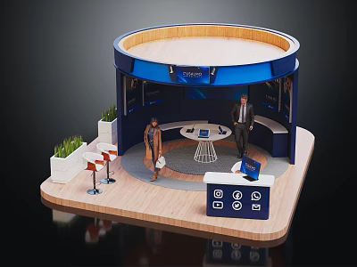 Modern Circular Exhibition Booth With Blue Design Wooden Flooring Green Plants And Display Area 3d model