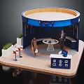 Modern Circular Exhibition Booth With Blue Design Wooden Flooring Green Plants And Display Area