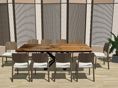 Modern Wooden Dining Table With Light Colored Chairs In Bright Interior 3d model
