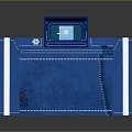 Blue Desk With White Stripes Featuring Open Laptop And Snowflake Decoration