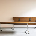 Modern Office Desk With Wooden Top White Legs Mobile Casters And Backboard Hooks