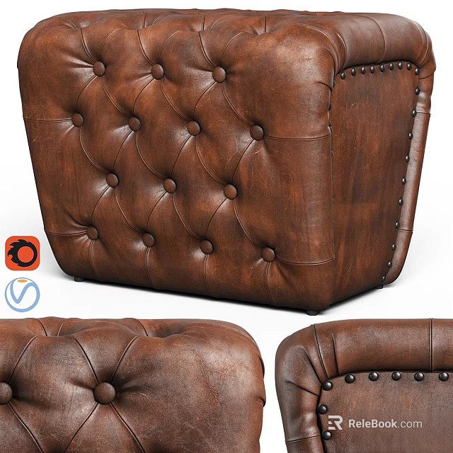 Brown Leather Tufted Ottoman With Studded Edges For Living Room Decor 3d model 